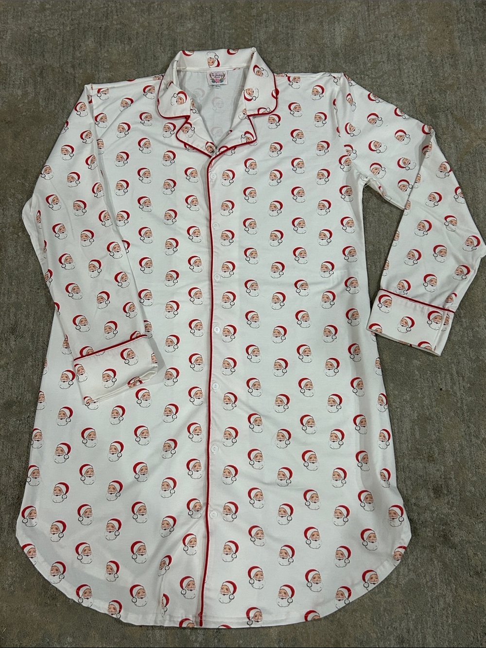 Ladies White Santa Print Nightshirt with Red Trim